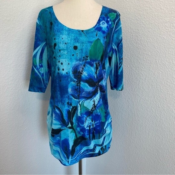 Blue Aqua Black Floral Abstract Sparkle Studded Short Sleeve Scoop Neck Top SZ L - Picture 2 of 11